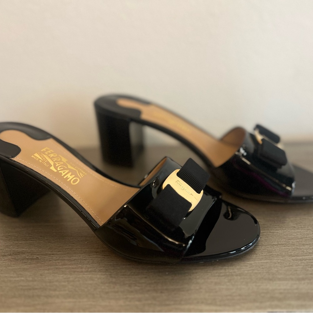 Salvatore Ferragamo Vara Bow Black Patent Leather Block Heels